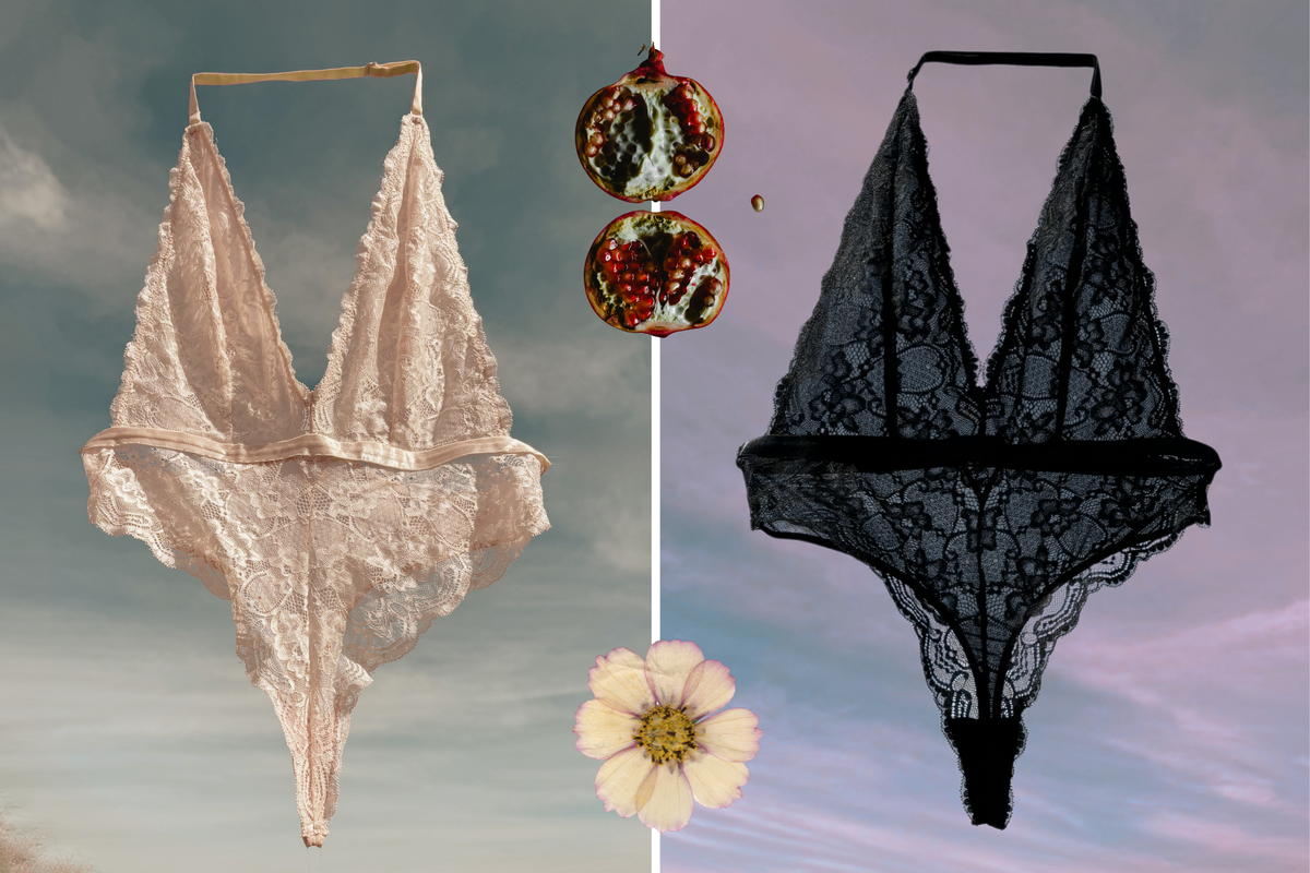 A split-screen display showing two lace lingerie pieces against a cloudy sky background. On the left is a pale blush pink lace thong with a gold-colored waist strap.