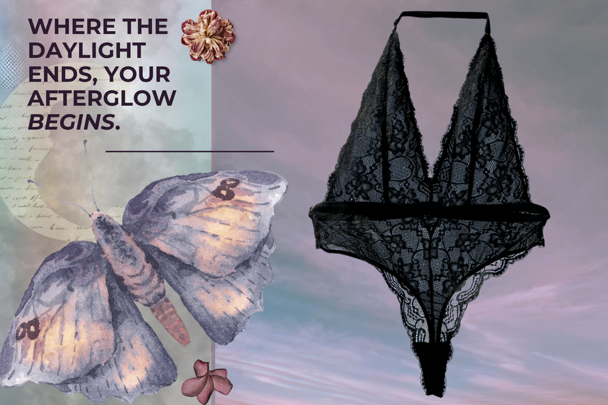Black lace teddie lingerie shown on against a dreamy pastel background with a butterfly illustration and decorative text, that reads "Where the daylight ends, your afterglow begins."